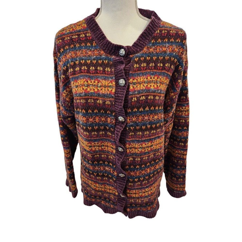 Vintage 90s Gallagher Purple Yellow Blue Wool Blend Cardigan Sweater Fair Isle L